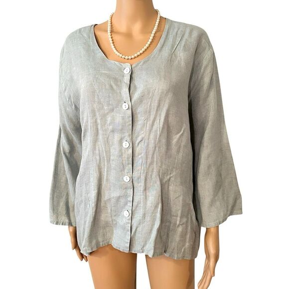 Flax Linen Women’s Size Large Light Dusty Sage Color Button up Blouse Top - Picture 1 of 9